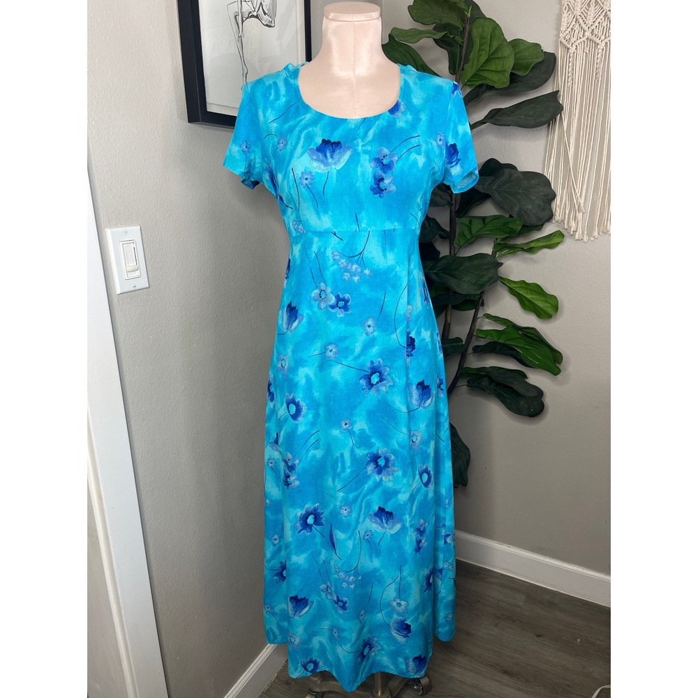 Wild Berries Maxi Dress Blue Vintage 90s Floral Tie Back Empire Waist Small
